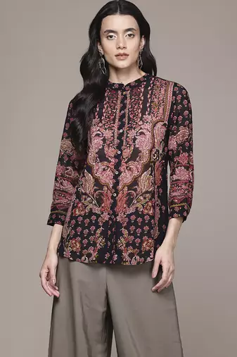 black viscose shirt with printed work design
