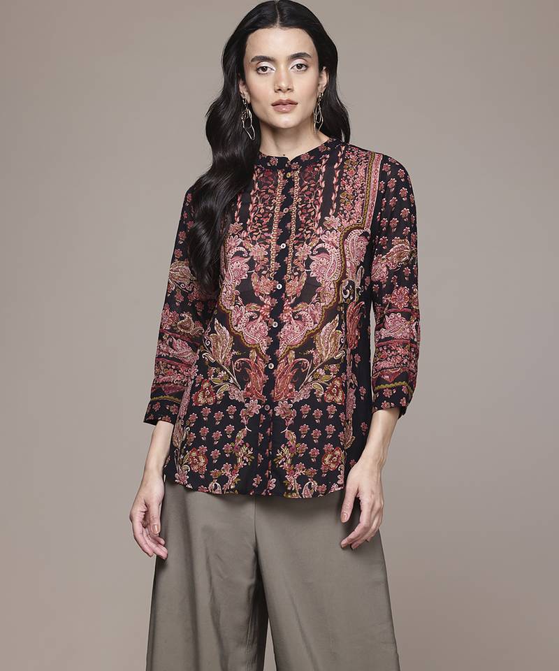 black viscose shirt with printed work design
