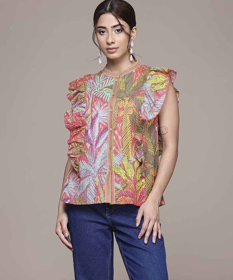 multicolor cotton top with printed work design