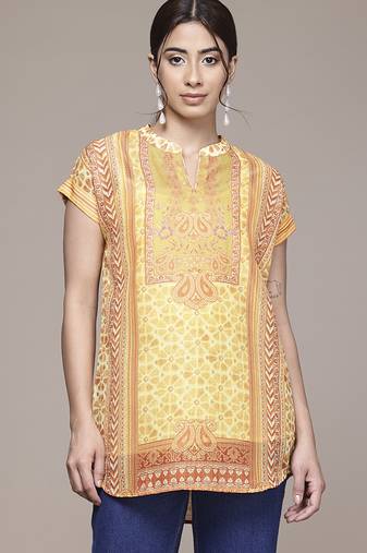 yellow cotton top with printed work design
