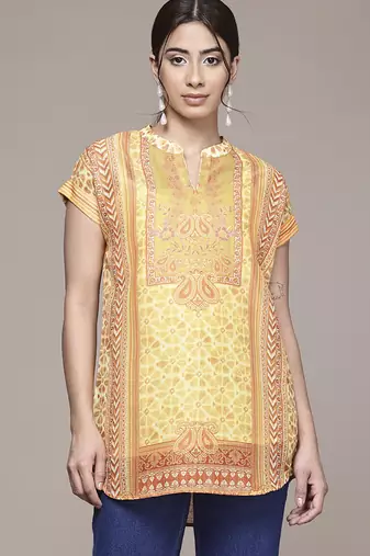 yellow cotton top with printed work design
