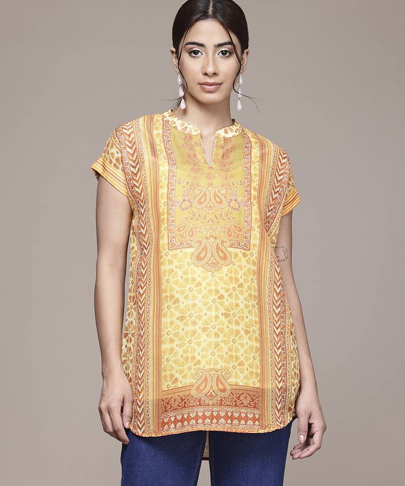 yellow cotton top with printed work design