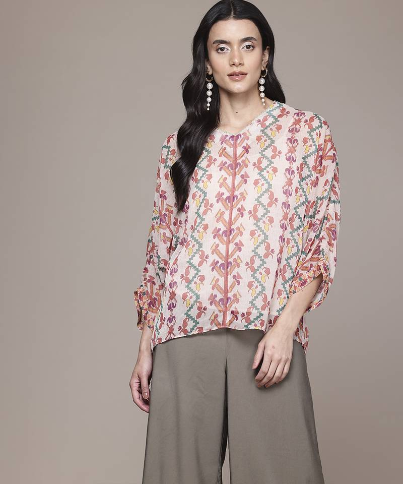 multicolor chiffon top with printed work design