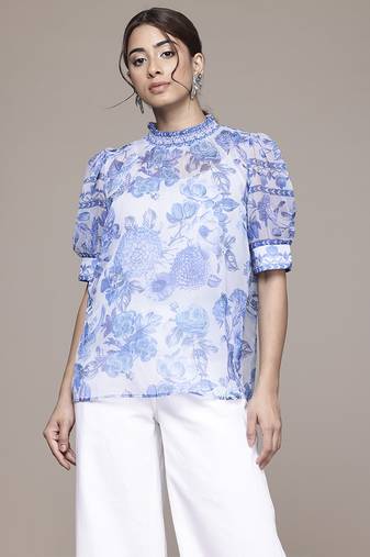 blue chiffon top with printed work design