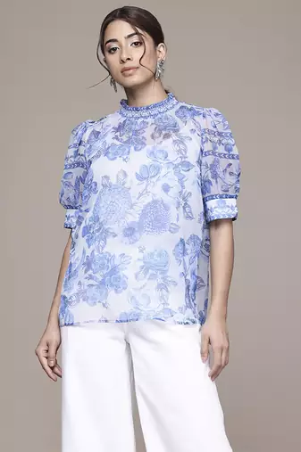 blue chiffon top with printed work design