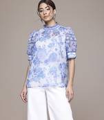 blue chiffon top with printed work design