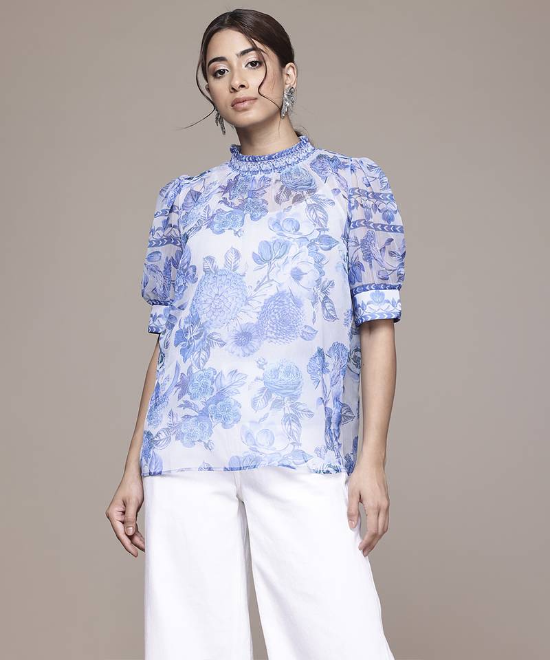 blue chiffon top with printed work design