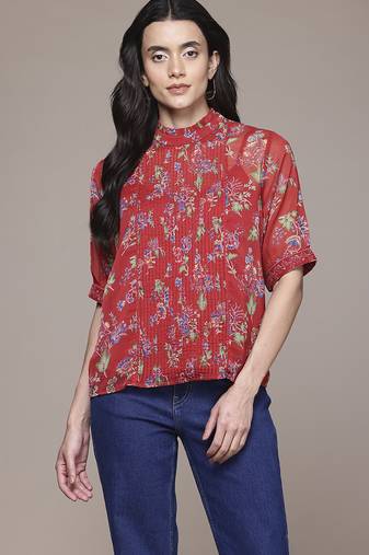 red chiffon top with printed work design
