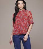 red chiffon top with printed work design