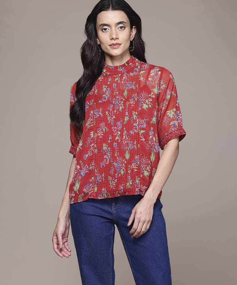 red chiffon top with printed work design