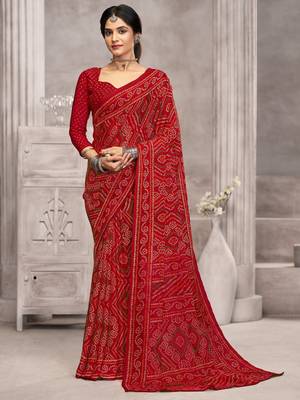 Red bandhani printed chiffon saree with unstitched blouse, ethnic indian attire 1
