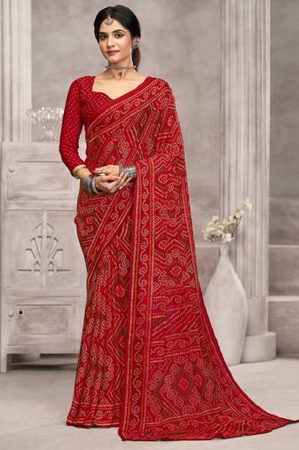 Red bandhani printed chiffon saree with unstitched blouse, ethnic indian attire