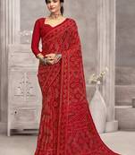 Red bandhani printed chiffon saree with unstitched blouse, ethnic indian attire