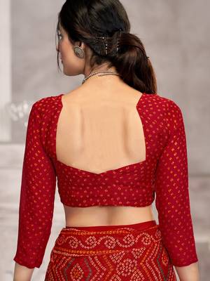 Red bandhani printed chiffon saree with unstitched blouse, ethnic indian attire 2