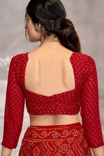 Red bandhani printed chiffon saree with unstitched blouse, ethnic indian attire