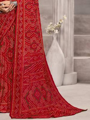 Red bandhani printed chiffon saree with unstitched blouse, ethnic indian attire 3