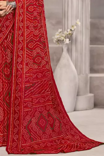 Red bandhani printed chiffon saree with unstitched blouse, ethnic indian attire