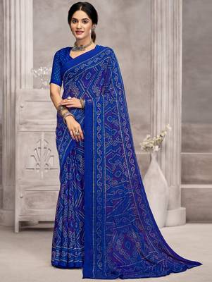 Royal blue bandhani printed chiffon saree with unstitched blouse, ethnic indian attire 1