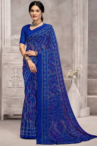 Royal blue bandhani printed chiffon saree with unstitched blouse, ethnic indian attire