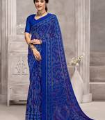 Royal blue bandhani printed chiffon saree with unstitched blouse, ethnic indian attire