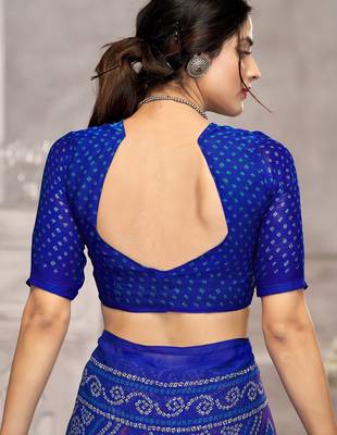 Royal blue bandhani printed chiffon saree with unstitched blouse, ethnic indian attire 3