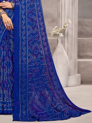 Royal blue bandhani printed chiffon saree with unstitched blouse, ethnic indian attire 4