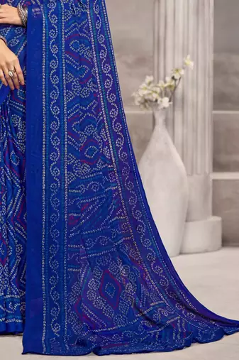 Royal blue bandhani printed chiffon saree with unstitched blouse, ethnic indian attire
