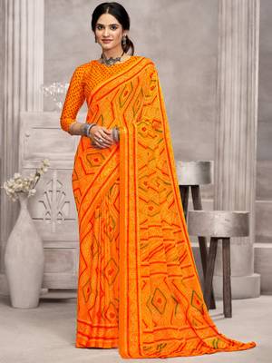 Yellow orangish bandhani printed chiffon saree with unstitched blouse, ethnic indian attire 1