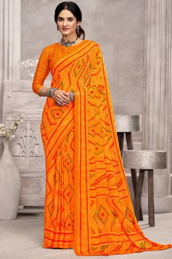 Yellow orangish bandhani printed chiffon saree with unstitched blouse, ethnic indian attire