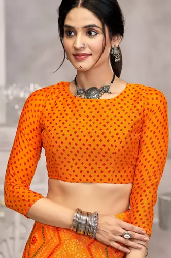 Yellow orangish bandhani printed chiffon saree with unstitched blouse, ethnic indian attire