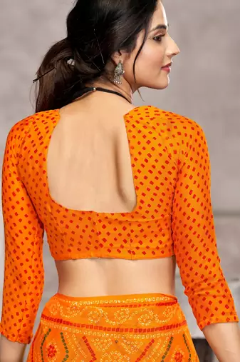 Yellow orangish bandhani printed chiffon saree with unstitched blouse, ethnic indian attire