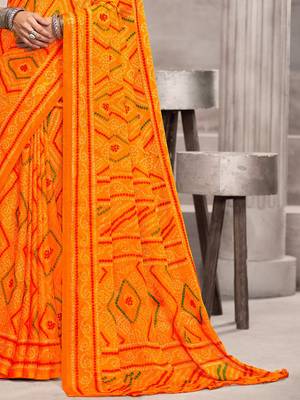 Yellow orangish bandhani printed chiffon saree with unstitched blouse, ethnic indian attire 4