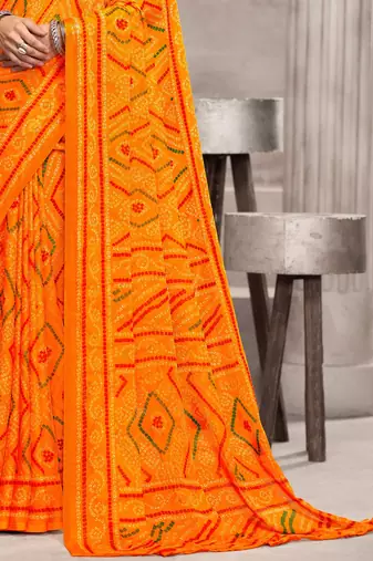 Yellow orangish bandhani printed chiffon saree with unstitched blouse, ethnic indian attire