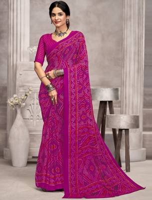 Magenta bandhani printed chiffon saree with unstitched blouse, ethnic indian attire 1