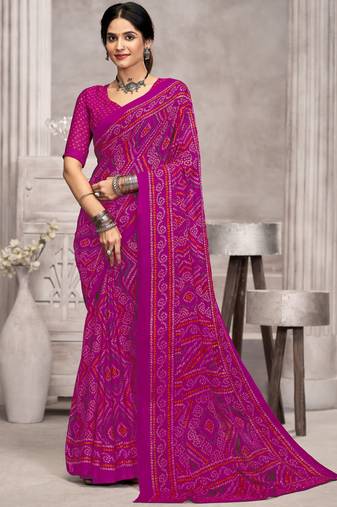 Magenta bandhani printed chiffon saree with unstitched blouse, ethnic indian attire