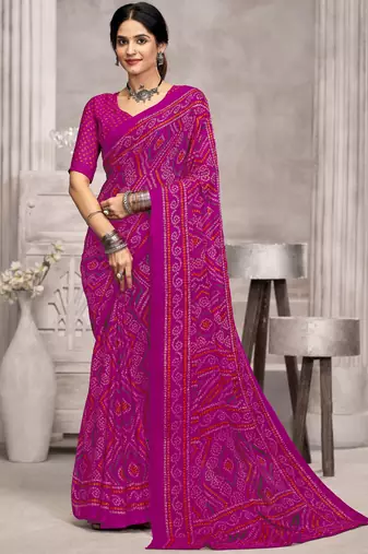 Magenta bandhani printed chiffon saree with unstitched blouse, ethnic indian attire