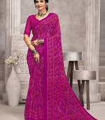 Magenta bandhani printed chiffon saree with unstitched blouse, ethnic indian attire