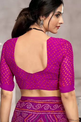 Magenta bandhani printed chiffon saree with unstitched blouse, ethnic indian attire