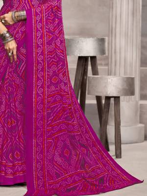 Magenta bandhani printed chiffon saree with unstitched blouse, ethnic indian attire 3