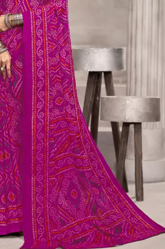 Magenta bandhani printed chiffon saree with unstitched blouse, ethnic indian attire