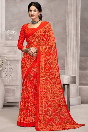 Orange bandhani printed chiffon saree with unstitched blouse, ethnic indian attire