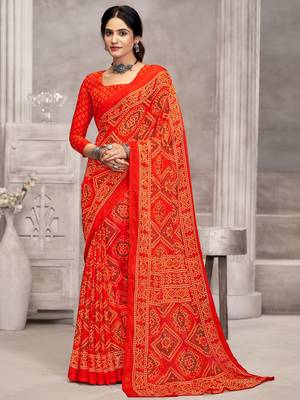Orange bandhani printed chiffon saree with unstitched blouse, ethnic indian attire 1