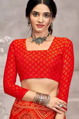 Orange bandhani printed chiffon saree with unstitched blouse, ethnic indian attire