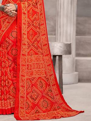 Orange bandhani printed chiffon saree with unstitched blouse, ethnic indian attire 4