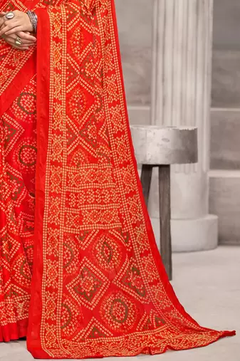 Orange bandhani printed chiffon saree with unstitched blouse, ethnic indian attire