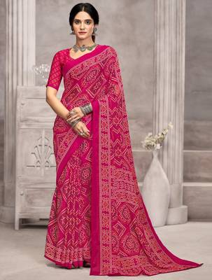 Pink bandhani printed chiffon saree with unstitched blouse, ethnic indian attire 1