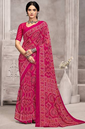 Pink bandhani printed chiffon saree with unstitched blouse, ethnic indian attire
