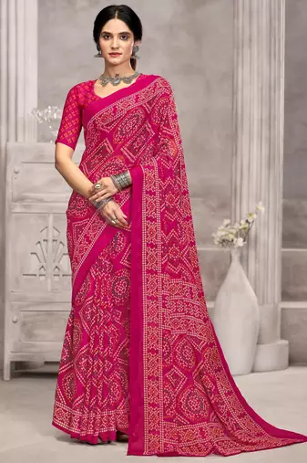 Pink bandhani printed chiffon saree with unstitched blouse, ethnic indian attire