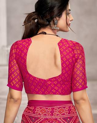 Pink bandhani printed chiffon saree with unstitched blouse, ethnic indian attire 3