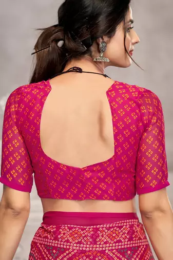 Pink bandhani printed chiffon saree with unstitched blouse, ethnic indian attire